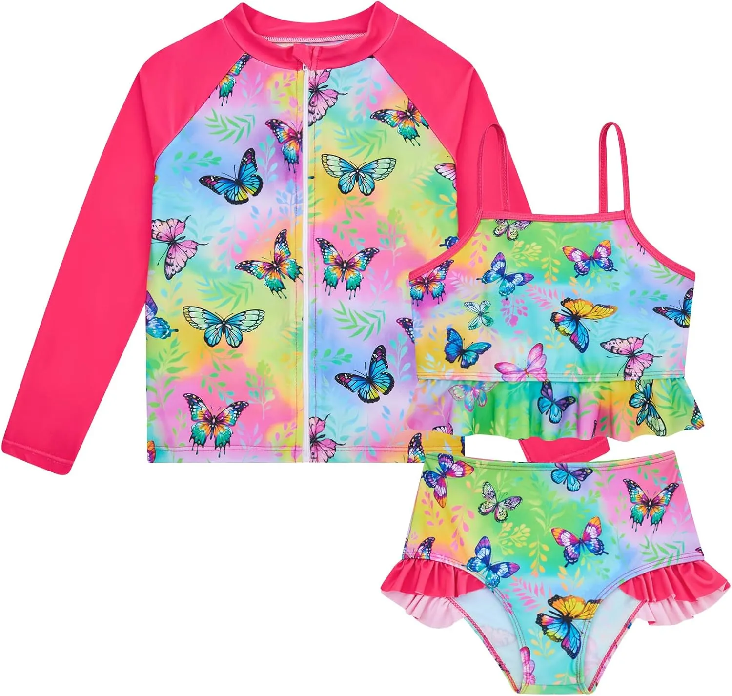 Funnycokid Girls Swimsuit Kids Bathing Suit Rashguard Swimwear Long Sleeve 3 Piece Toddler 3-7 Years