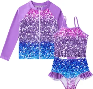 Funnycokid Girls Swimsuit Kids Bathing Suit Rashguard Swimwear Long Sleeve 3 Piece Toddler 3-7 Years