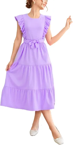 Girls Summer Dresses Ruffle Sleeve Dress A Line Swing Belted Casual Solid Color Party Dress 6-14 Years