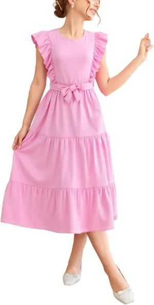 Girls Summer Dresses Ruffle Sleeve Dress A Line Swing Belted Casual Solid Color Party Dress 6-14 Years