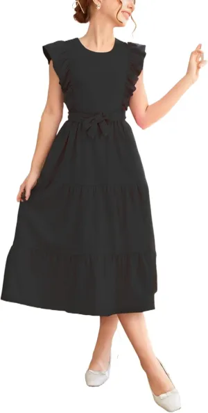 Girls Summer Dresses Ruffle Sleeve Dress A Line Swing Belted Casual Solid Color Party Dress 6-14 Years