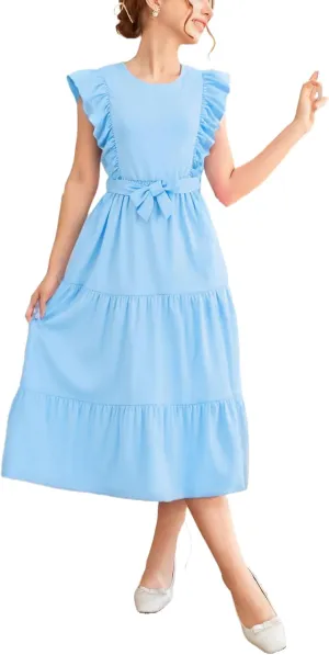 Girls Summer Dresses Ruffle Sleeve Dress A Line Swing Belted Casual Solid Color Party Dress 6-14 Years