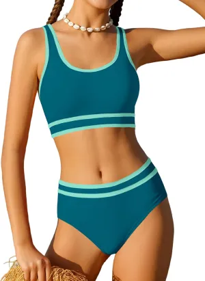 Girls Swimsuit Double Strap High Waist Sporty Bikini Swimsuits Swim Cover Up Skirt 3 Piece Set