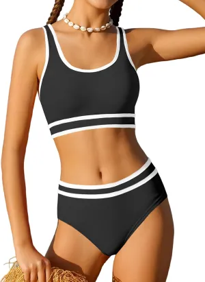Girls Swimsuit Double Strap High Waist Sporty Bikini Swimsuits Swim Cover Up Skirt 3 Piece Set