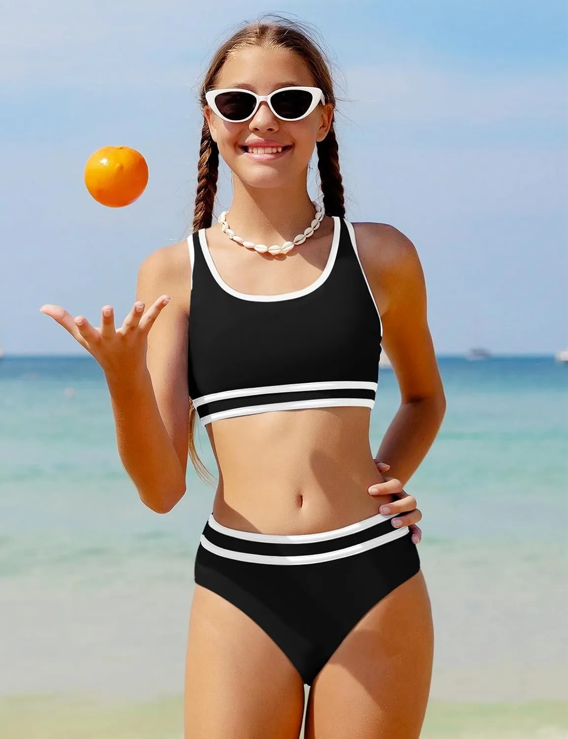 Girls Swimsuit Double Strap High Waist Sporty Bikini Swimsuits Swim Cover Up Skirt 3 Piece Set