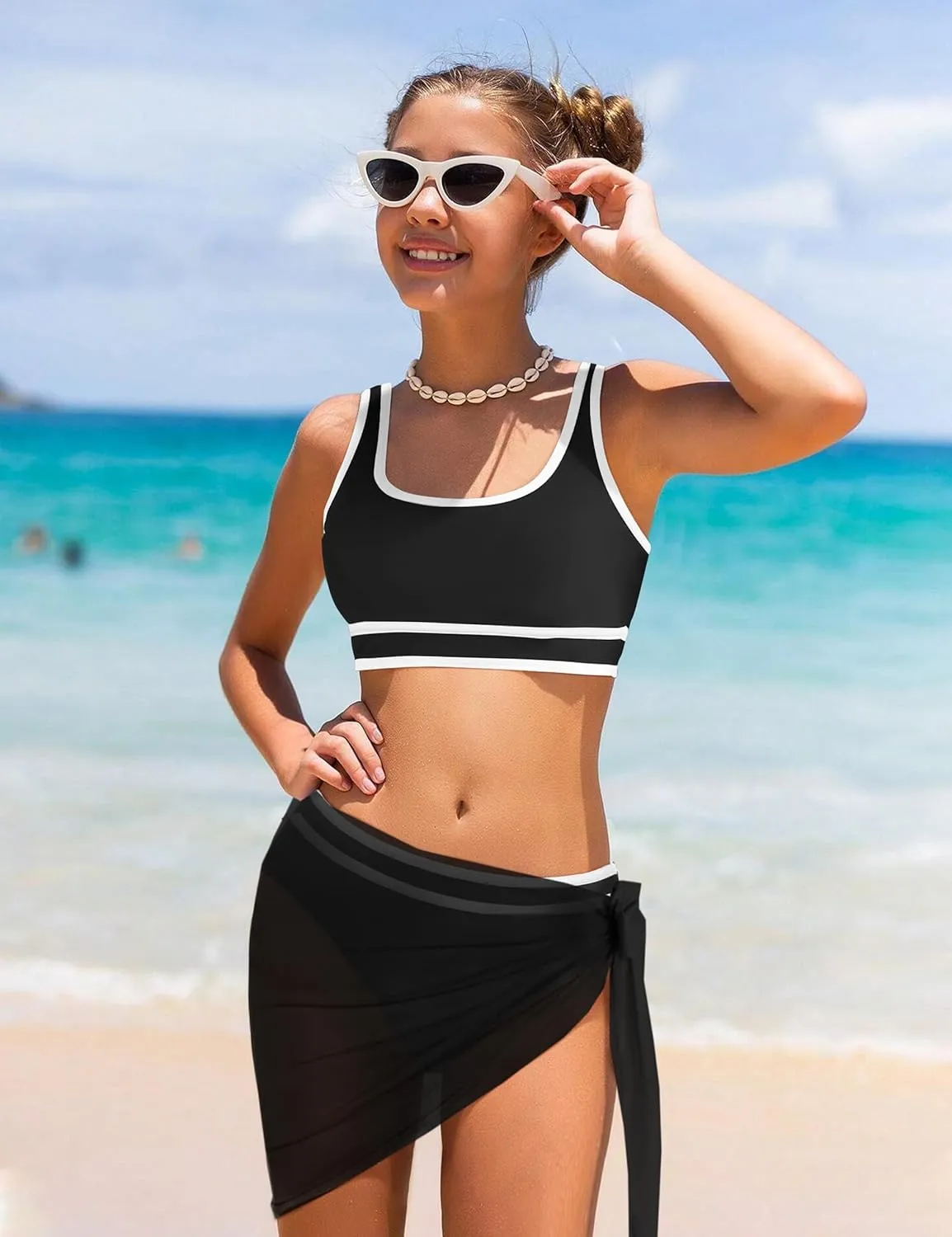 Girls Swimsuit Double Strap High Waist Sporty Bikini Swimsuits Swim Cover Up Skirt 3 Piece Set