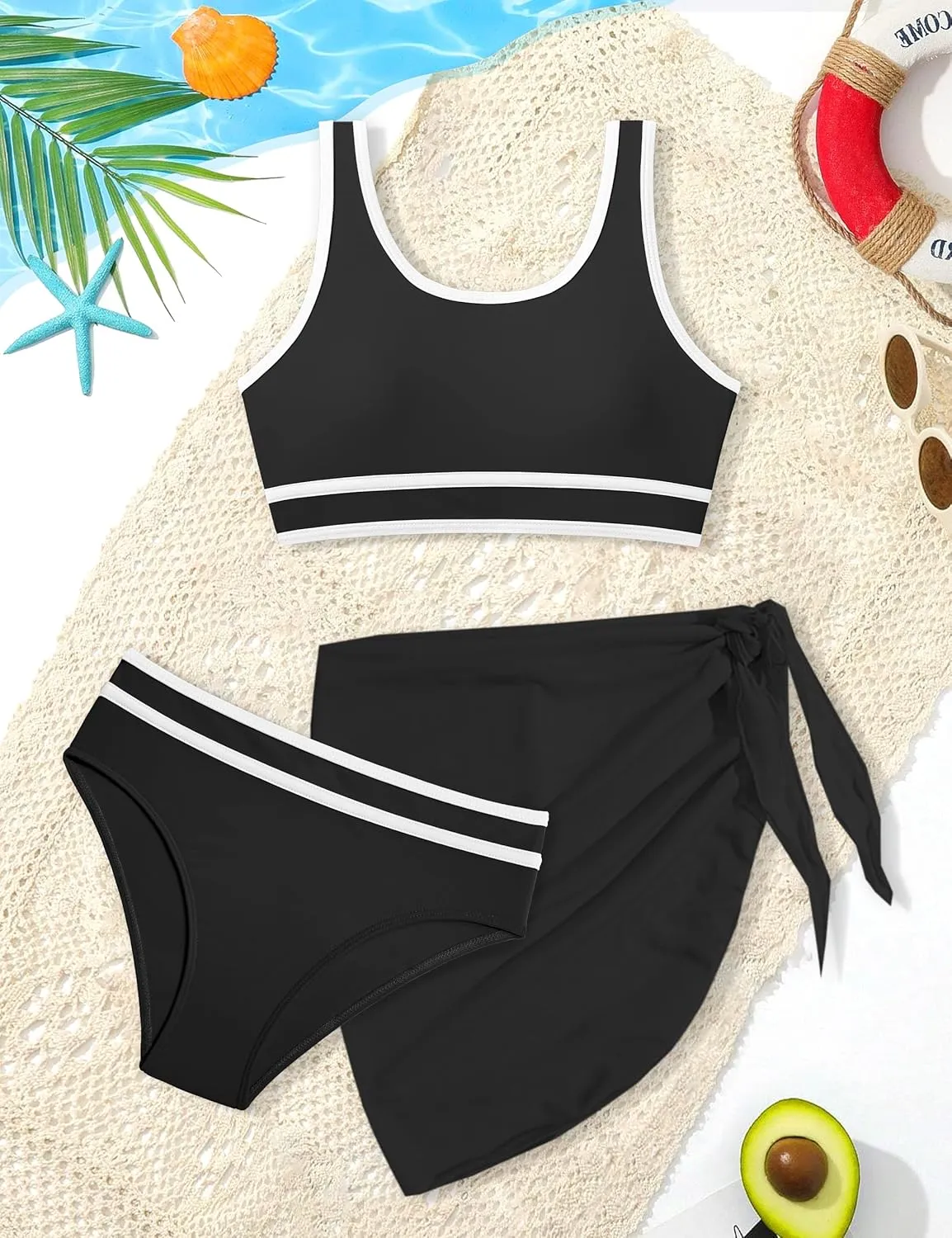Girls Swimsuit Double Strap High Waist Sporty Bikini Swimsuits Swim Cover Up Skirt 3 Piece Set