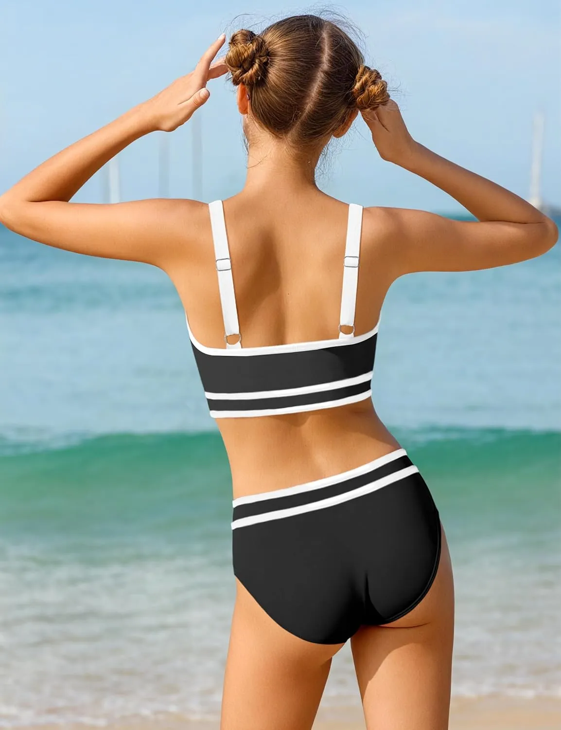 Girls Swimsuit Double Strap High Waist Sporty Bikini Swimsuits Swim Cover Up Skirt 3 Piece Set