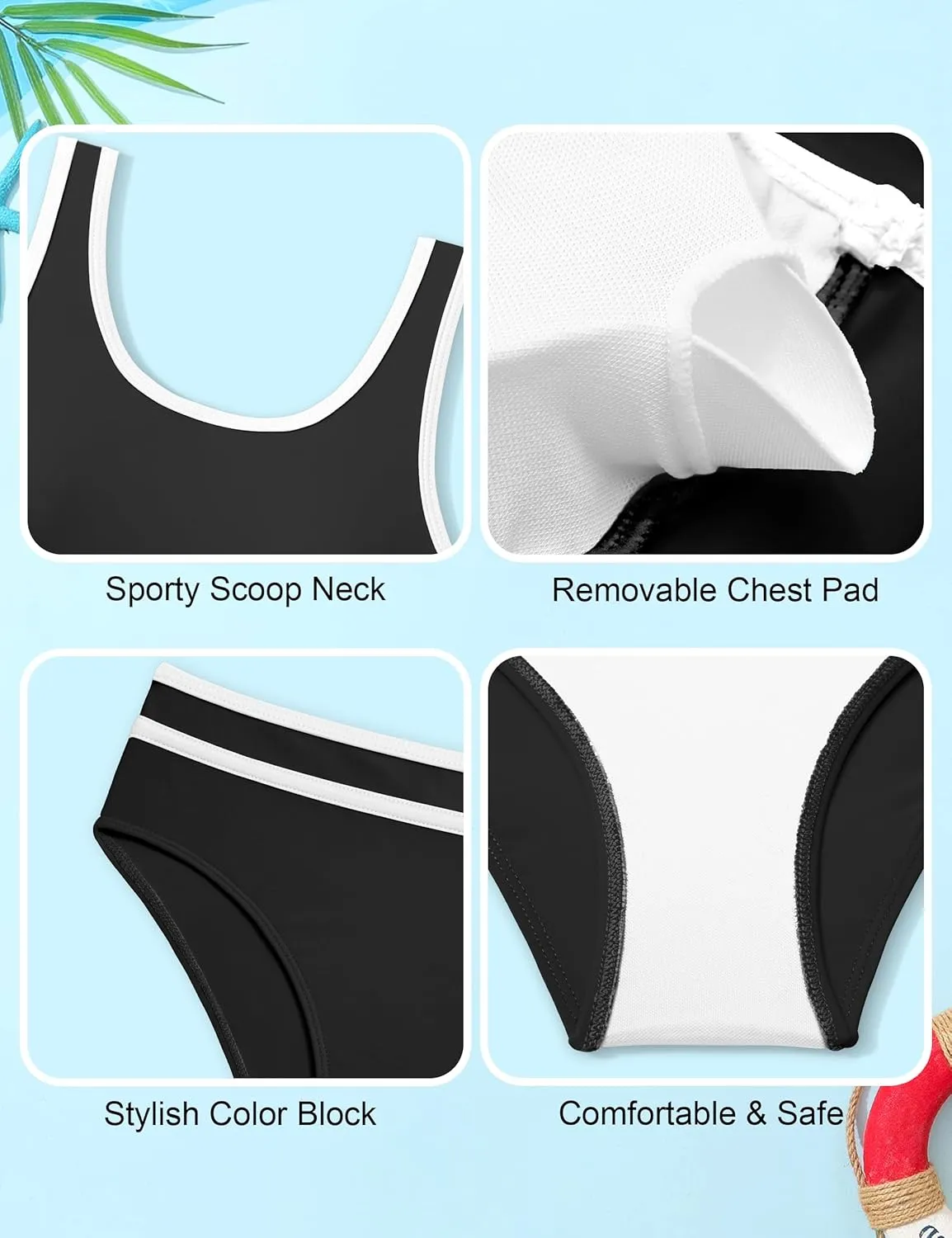 Girls Swimsuit Double Strap High Waist Sporty Bikini Swimsuits Swim Cover Up Skirt 3 Piece Set
