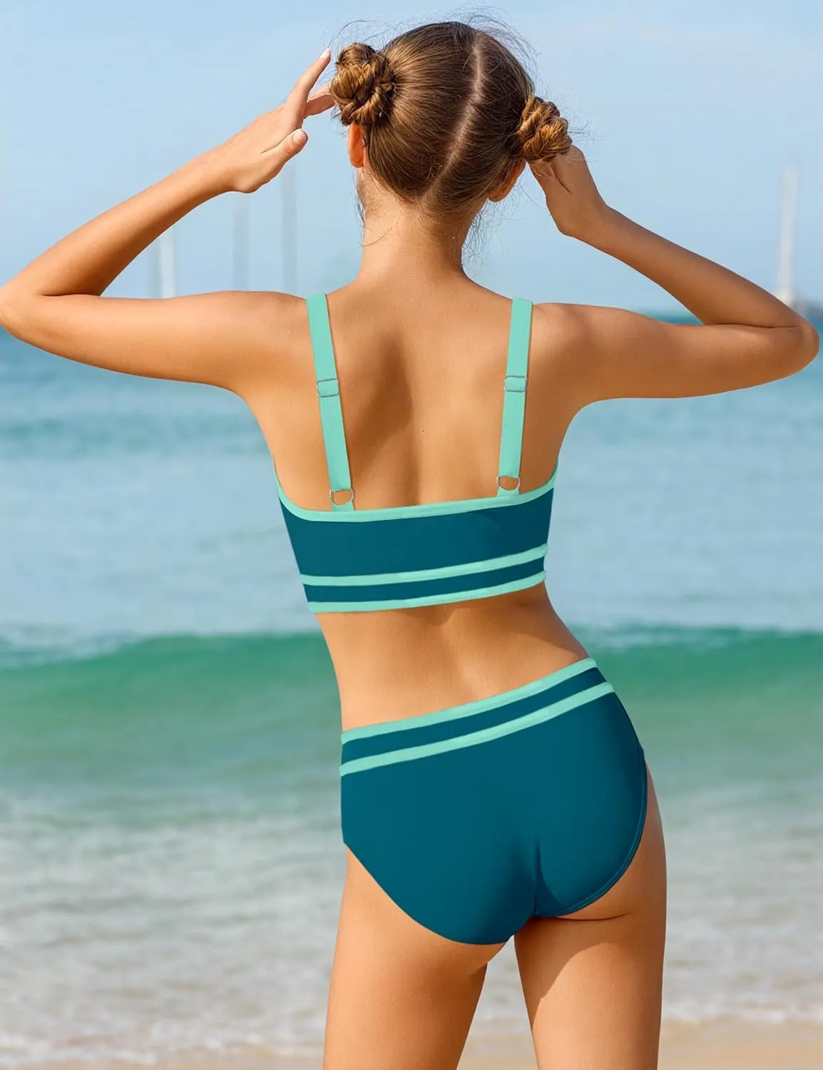Girls Swimsuit Double Strap High Waist Sporty Bikini Swimsuits Swim Cover Up Skirt 3 Piece Set