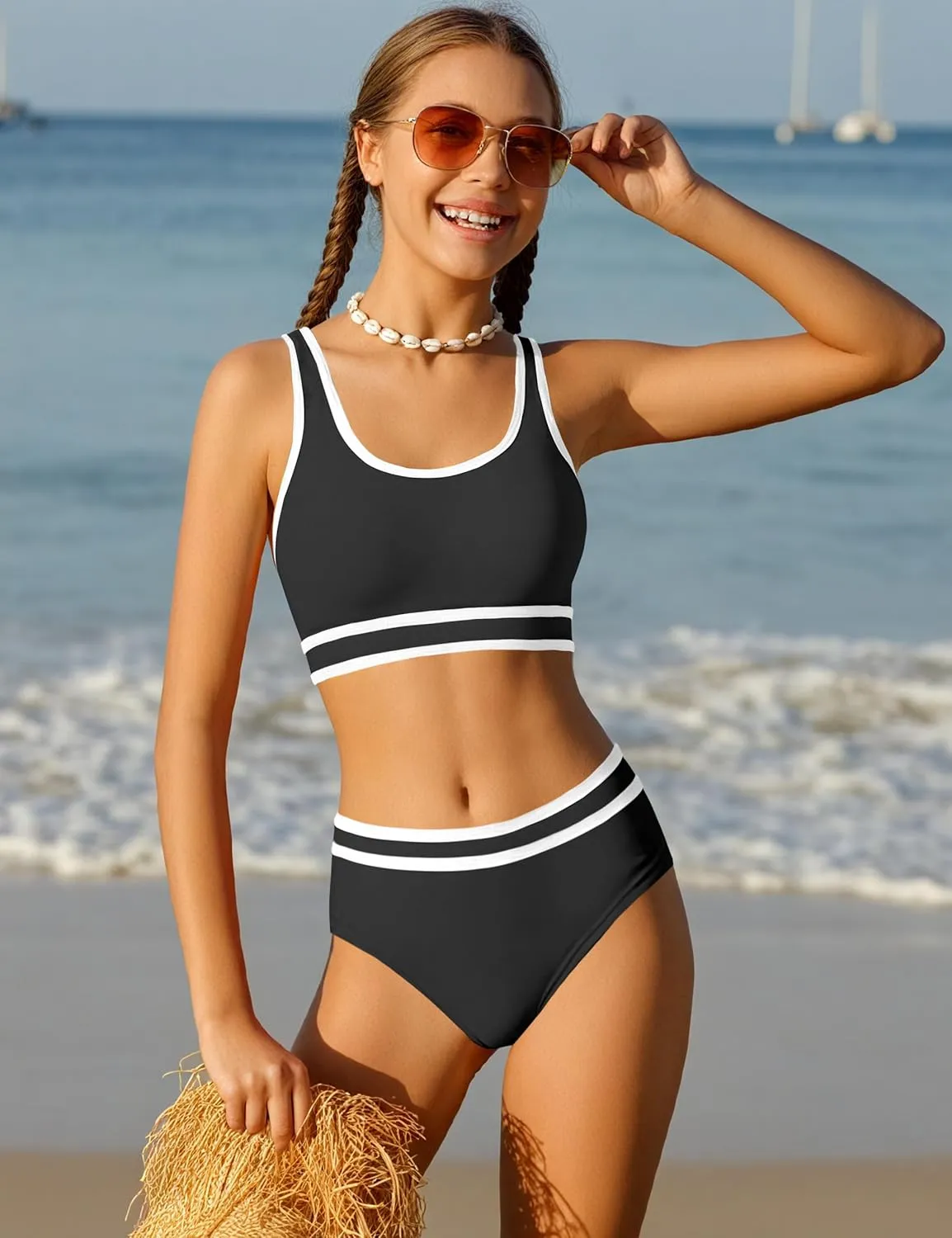 Girls Swimsuit Double Strap High Waist Sporty Bikini Swimsuits Swim Cover Up Skirt 3 Piece Set
