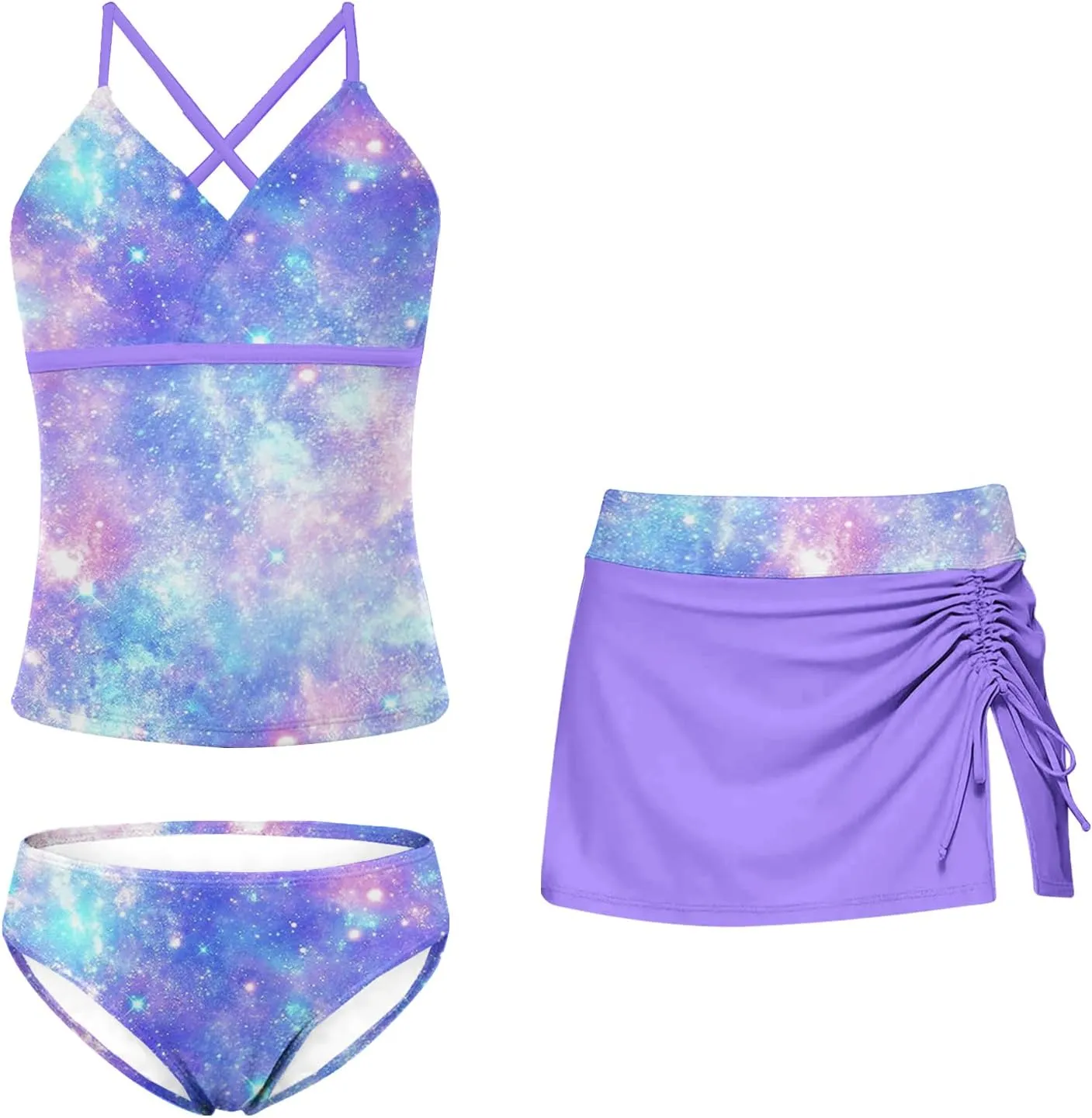Girls Swimsuits 3 Piece Tankini Bathing Suit Set Bikini Swimwear with Cover Ups Beach Skirt 6-12 Years