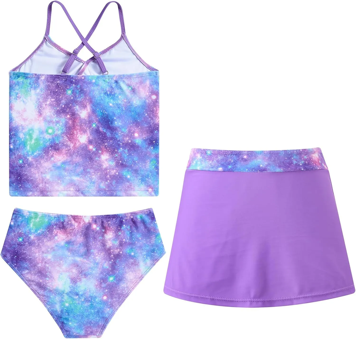 Girls Swimsuits 3 Piece Tankini Bathing Suit Set Bikini Swimwear with Cover Ups Beach Skirt 6-12 Years