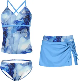 Girls Swimsuits 3 Piece Tankini Bathing Suit Set Bikini Swimwear with Cover Ups Beach Skirt 6-12 Years