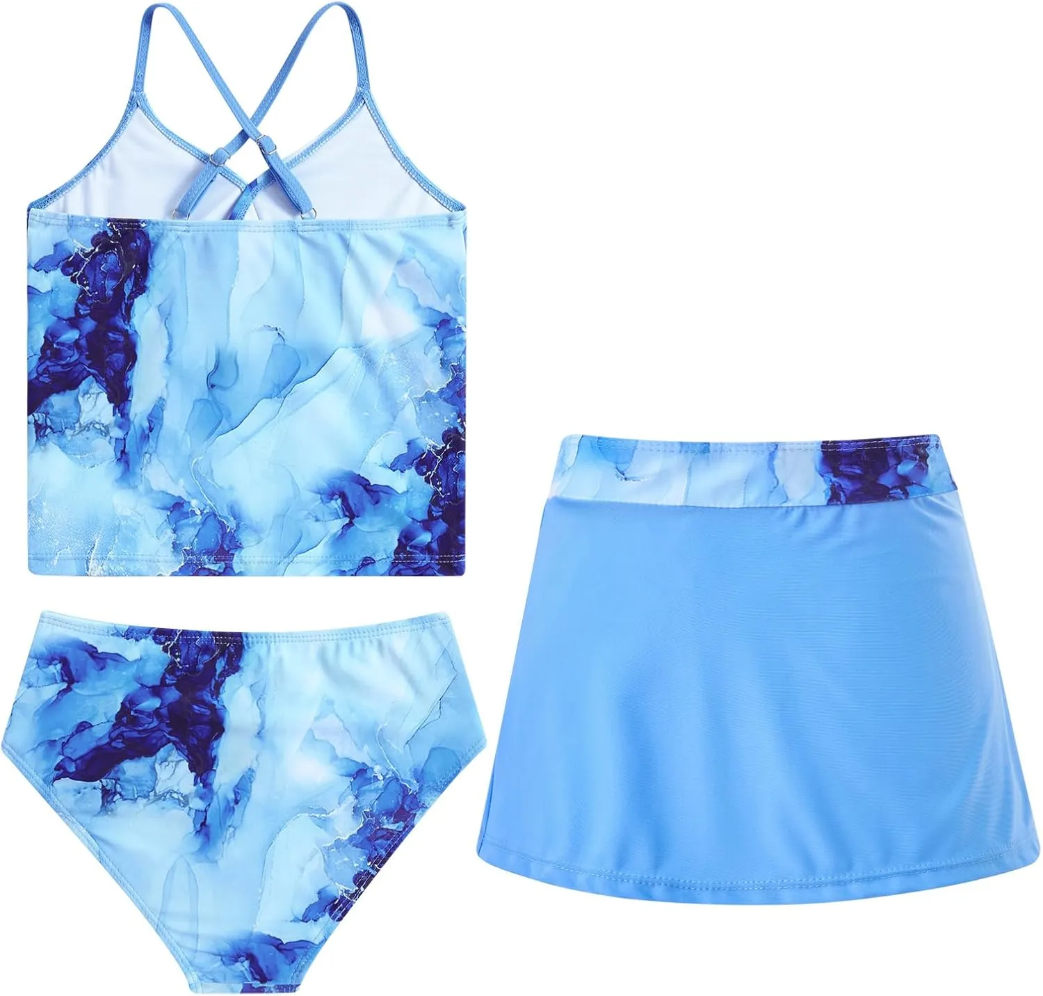Girls Swimsuits 3 Piece Tankini Bathing Suit Set Bikini Swimwear with Cover Ups Beach Skirt 6-12 Years
