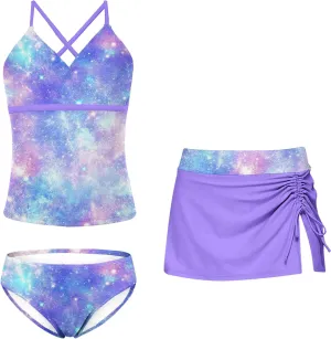 Girls Swimsuits 3 Piece Tankini Bathing Suit Set Bikini Swimwear with Cover Ups Beach Skirt 6-12 Years