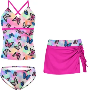 Girls Swimsuits 3 Piece Tankini Bathing Suit Set Bikini Swimwear with Cover Ups Beach Skirt 6-12 Years