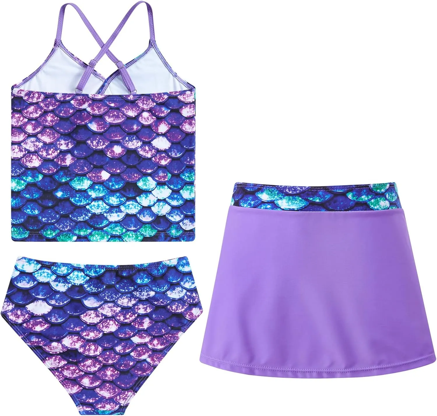Girls Swimsuits 3 Piece Tankini Bathing Suit Set Bikini Swimwear with Cover Ups Beach Skirt 6-12 Years