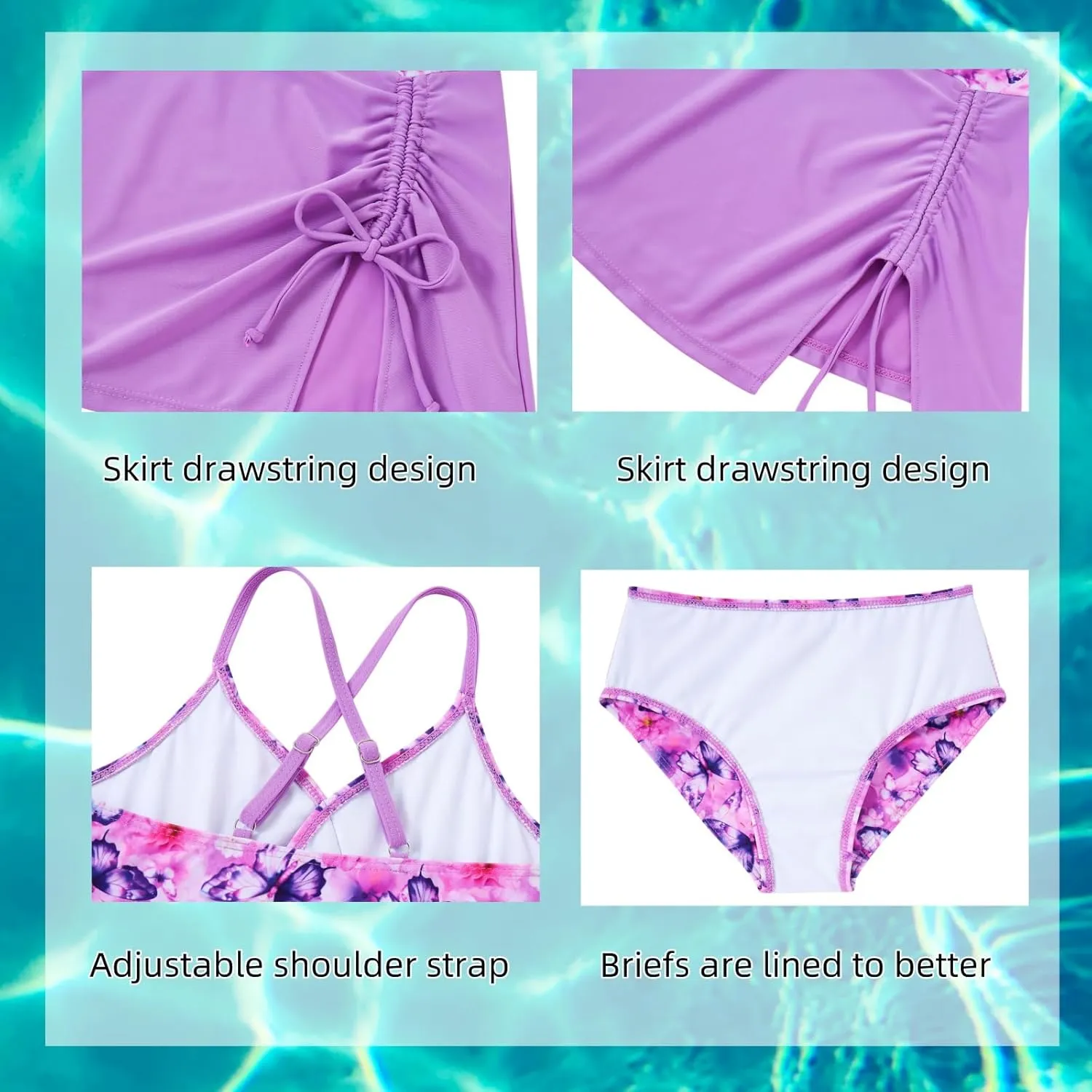 Girls Swimsuits 3 Piece Tankini Bathing Suit Set Bikini Swimwear with Cover Ups Beach Skirt 6-12 Years