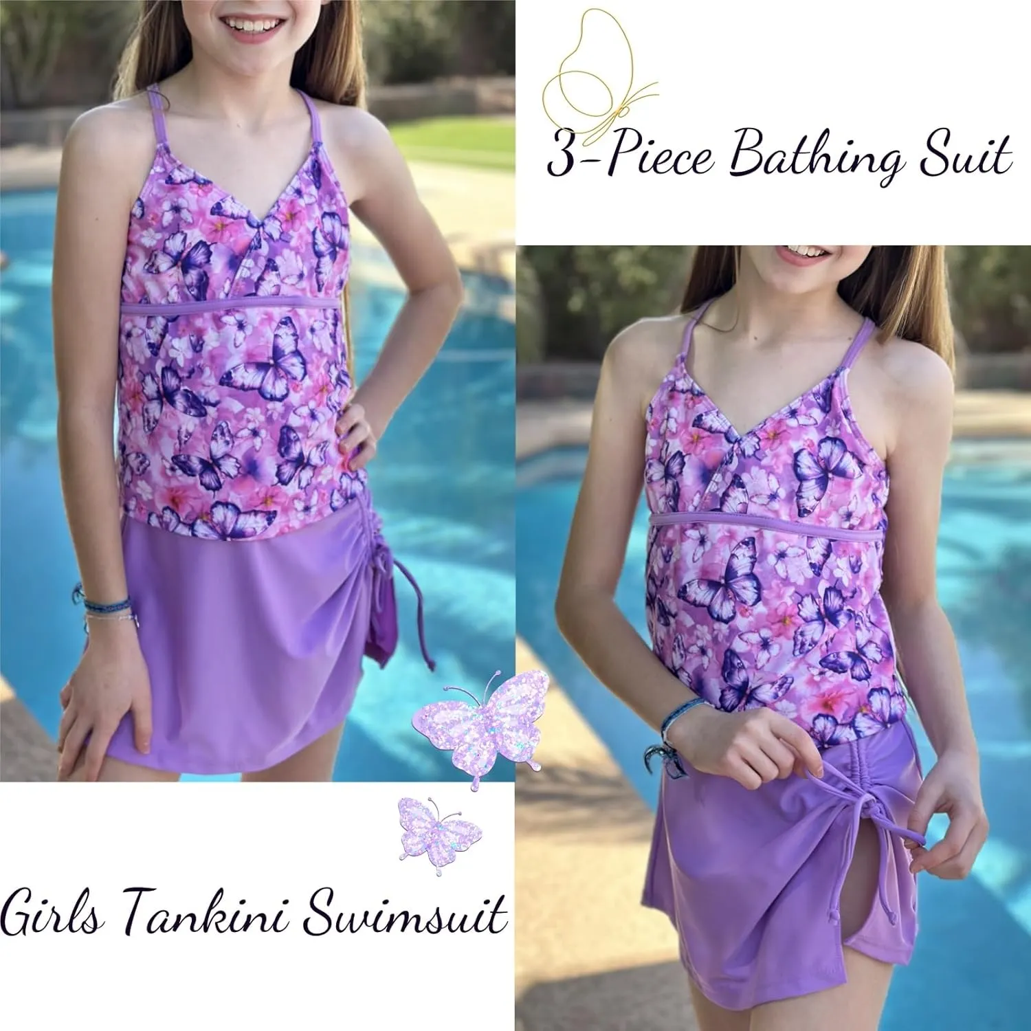 Girls Swimsuits 3 Piece Tankini Bathing Suit Set Bikini Swimwear with Cover Ups Beach Skirt 6-12 Years
