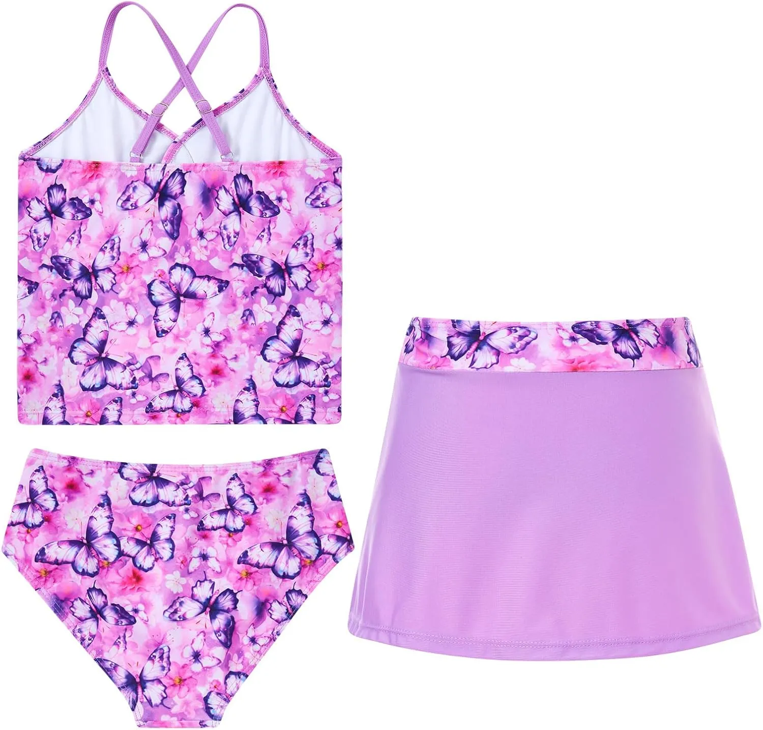 Girls Swimsuits 3 Piece Tankini Bathing Suit Set Bikini Swimwear with Cover Ups Beach Skirt 6-12 Years