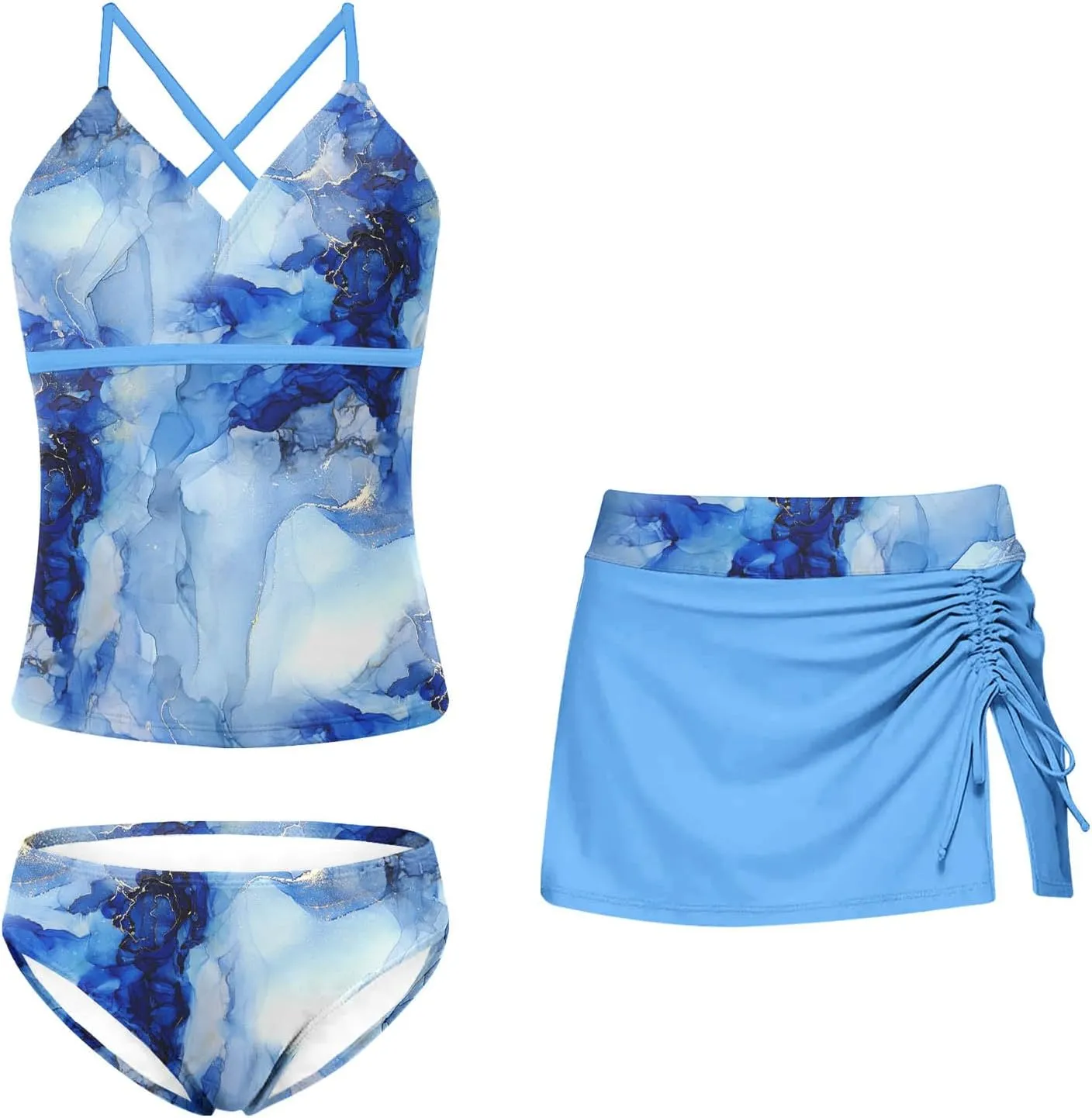 Girls Swimsuits 3 Piece Tankini Bathing Suit Set Bikini Swimwear with Cover Ups Beach Skirt 6-12 Years