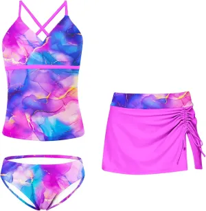 Girls Swimsuits 3 Piece Tankini Bathing Suit Set Bikini Swimwear with Cover Ups Beach Skirt 6-12 Years