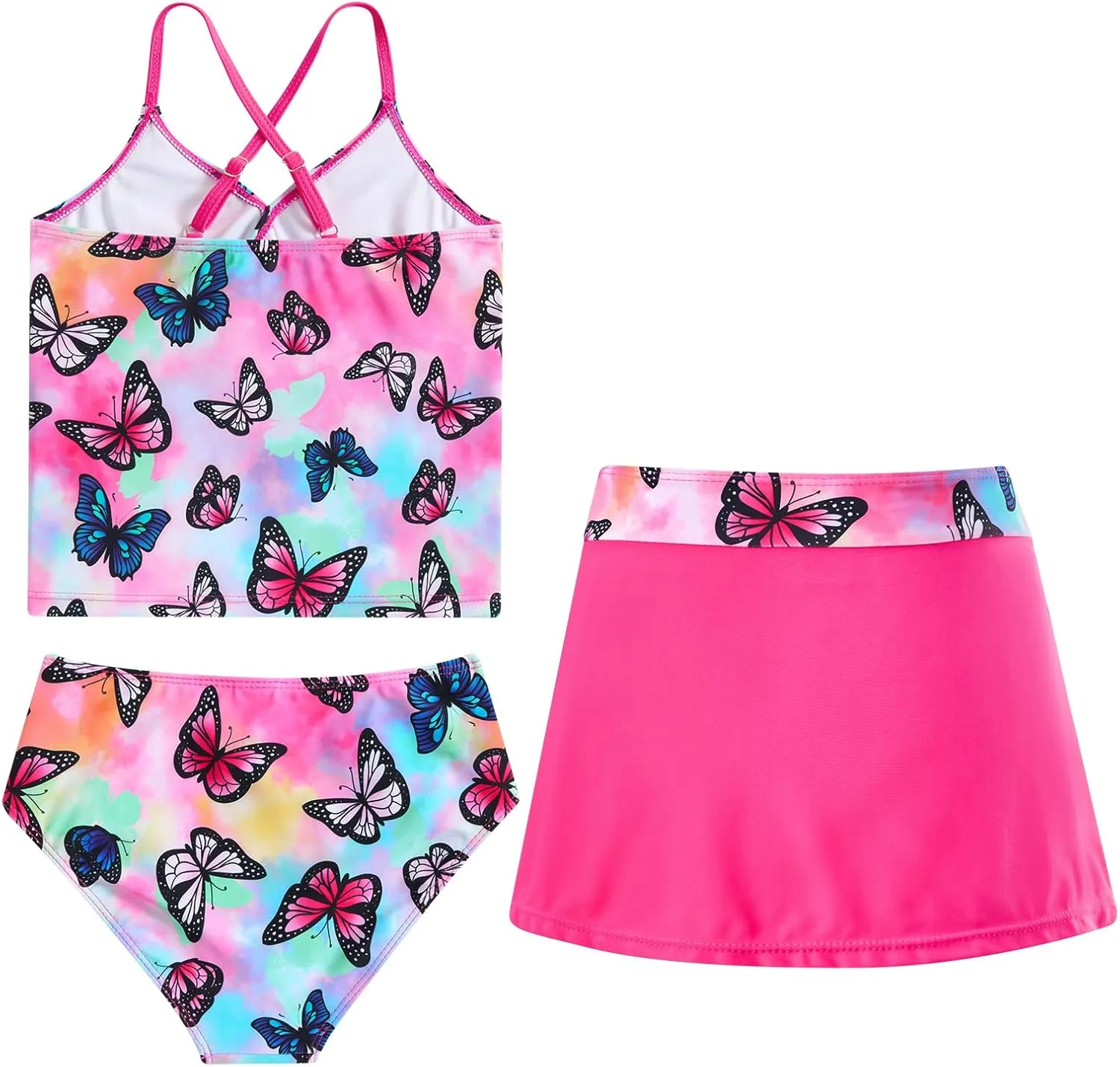 Girls Swimsuits 3 Piece Tankini Bathing Suit Set Bikini Swimwear with Cover Ups Beach Skirt 6-12 Years