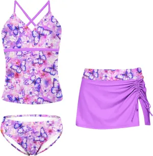 Girls Swimsuits 3 Piece Tankini Bathing Suit Set Bikini Swimwear with Cover Ups Beach Skirt 6-12 Years