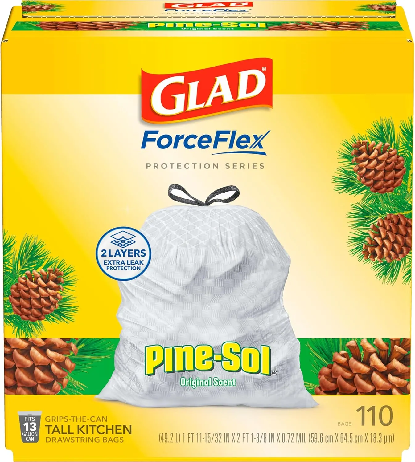 Glad ForceFlex Tall Kitchen Trash Bags, 13 Gal, Pine-Sol Original Scent, 110 Ct, Pack May Vary