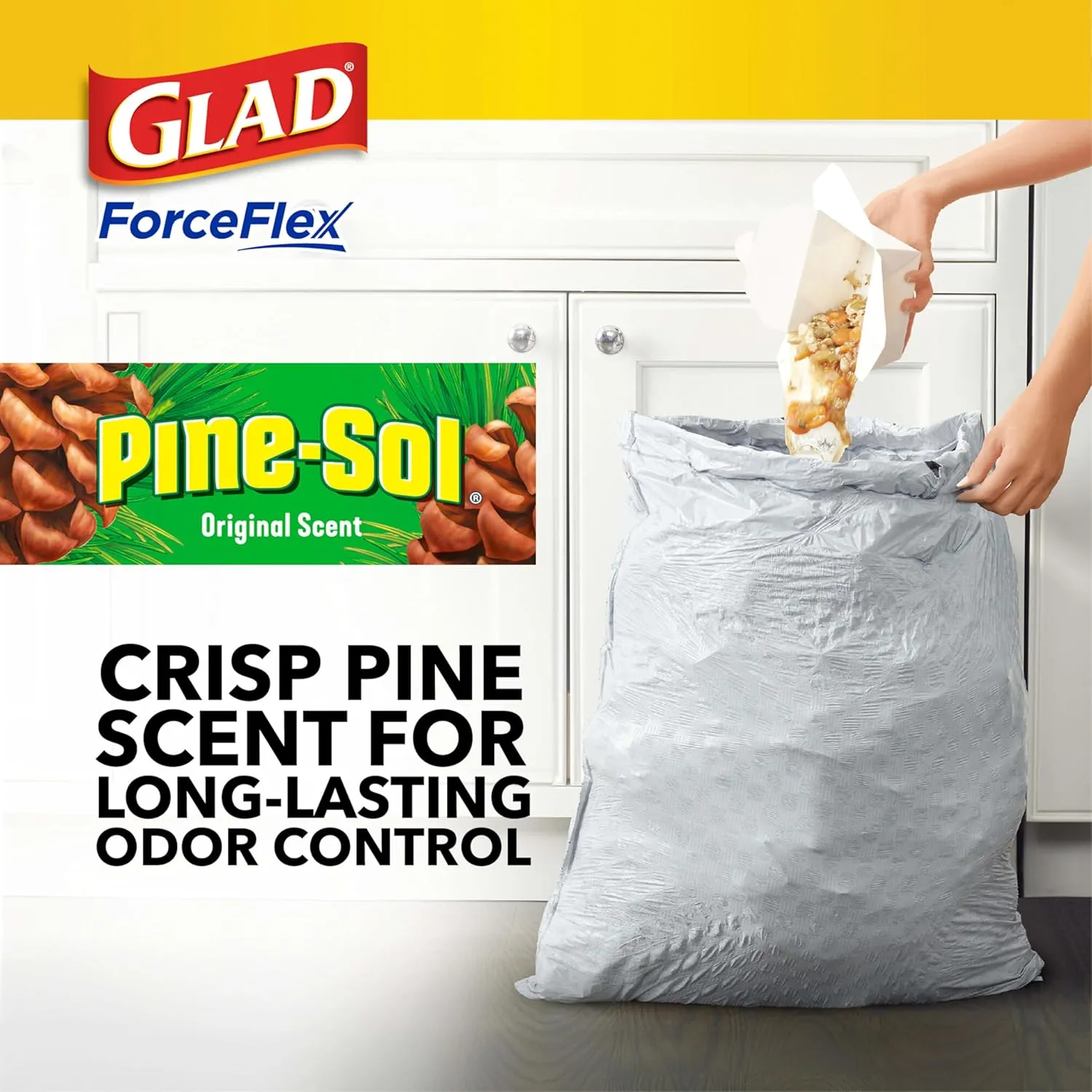 Glad ForceFlex Tall Kitchen Trash Bags, 13 Gal, Pine-Sol Original Scent, 110 Ct, Pack May Vary