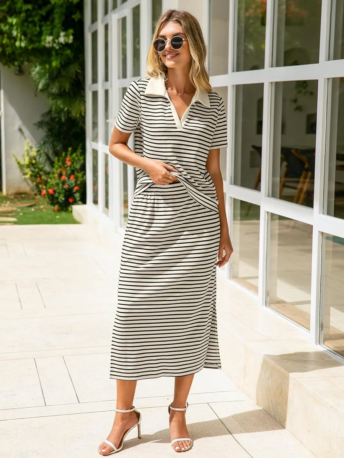Glamaker Womens 2025 Summer Skirt Sets 2 Piece Outfits Casual Knit Striped Short Sleeve Travel Sets Clothes