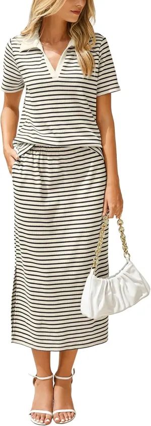 Glamaker Womens 2025 Summer Skirt Sets 2 Piece Outfits Casual Knit Striped Short Sleeve Travel Sets Clothes