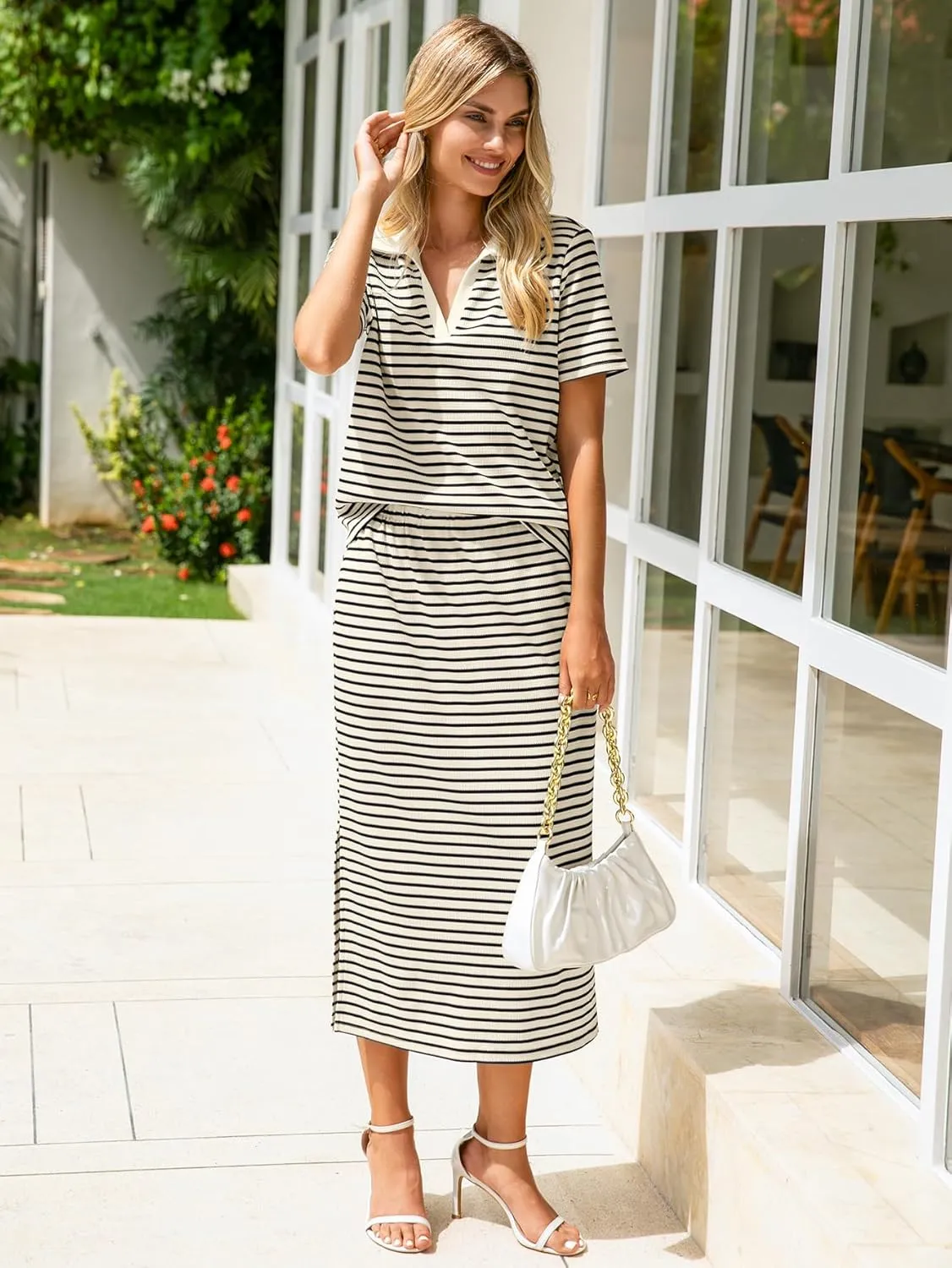 Glamaker Womens 2025 Summer Skirt Sets 2 Piece Outfits Casual Knit Striped Short Sleeve Travel Sets Clothes