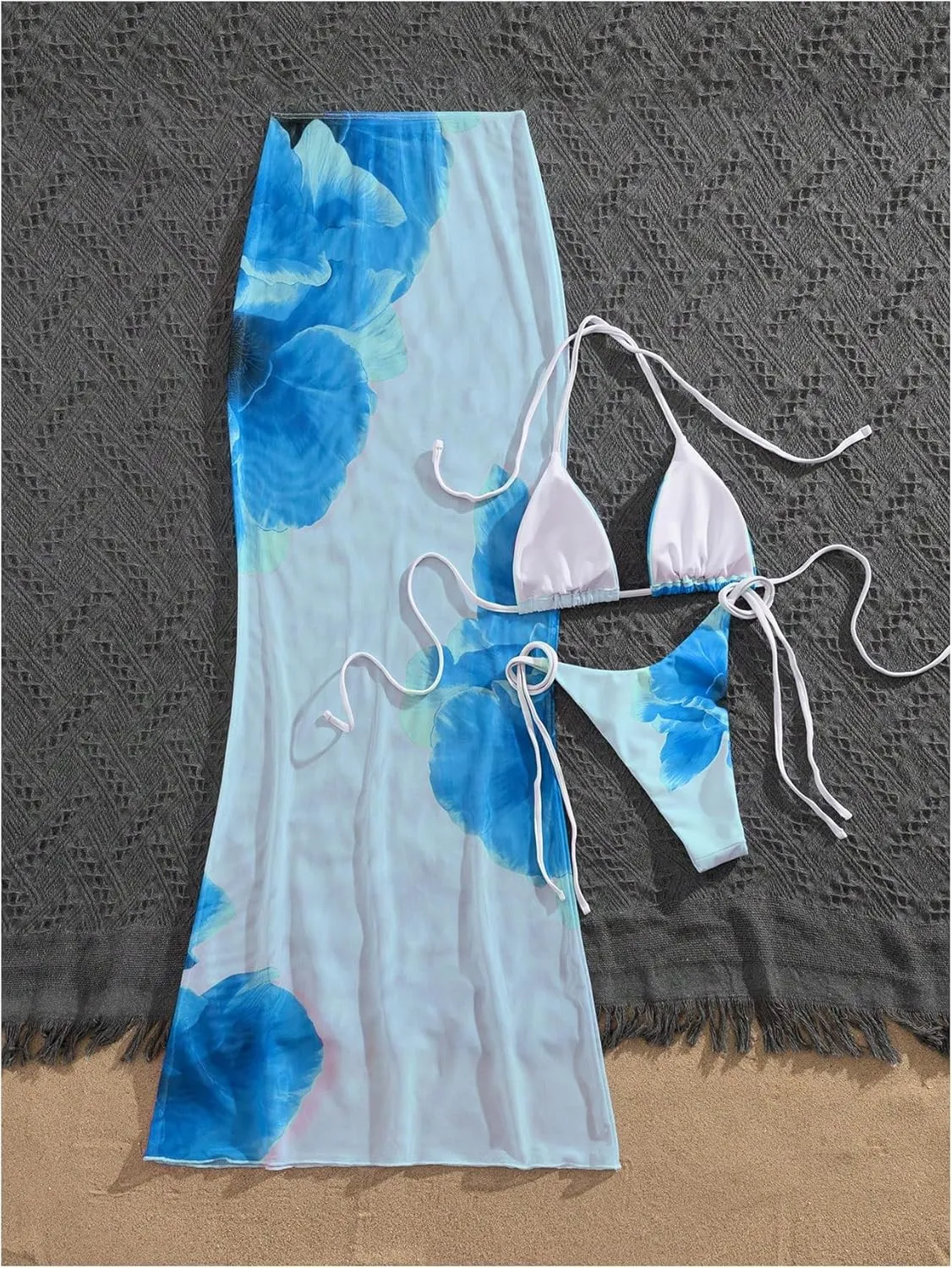 GORGLITTER Women's 3 Piece Swimsuits Floral Halter Triangle String Bikini Set with Cover Up Skirt