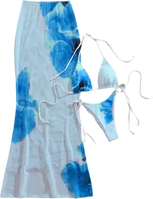 GORGLITTER Women's 3 Piece Swimsuits Floral Halter Triangle String Bikini Set with Cover Up Skirt