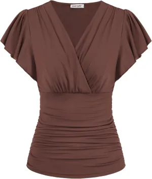 GRACE KARIN 2025 Womens Tops Summer Wrap Blouse V Neck Ruffle Sleeve Dressy Casual Top Ruched Trendy Clothes