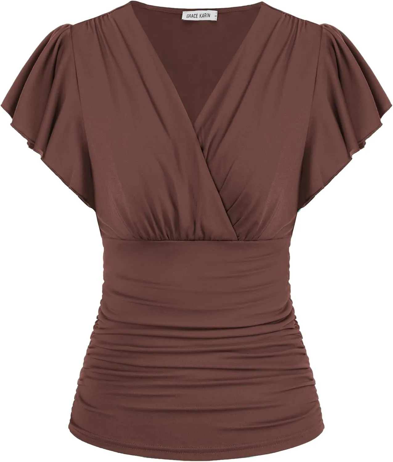GRACE KARIN 2025 Womens Tops Summer Wrap Blouse V Neck Ruffle Sleeve Dressy Casual Top Ruched Trendy Clothes