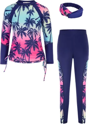 GRACE KARIN Girls Long Sleeve Swimsuit Two Piece Rashguard Floral Swimwear 6-14Y