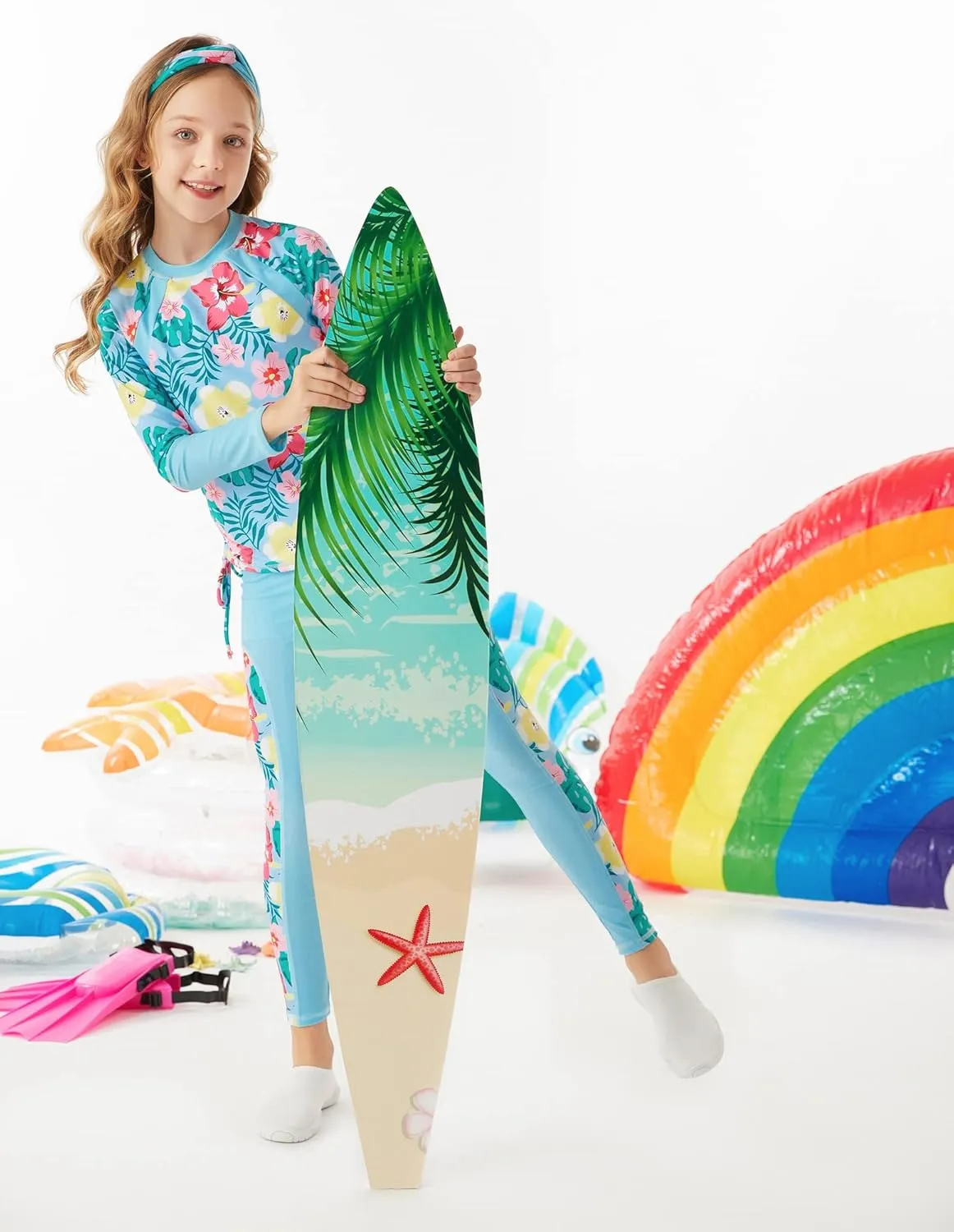 GRACE KARIN Girls Long Sleeve Swimsuit Two Piece Rashguard Floral Swimwear 6-14Y