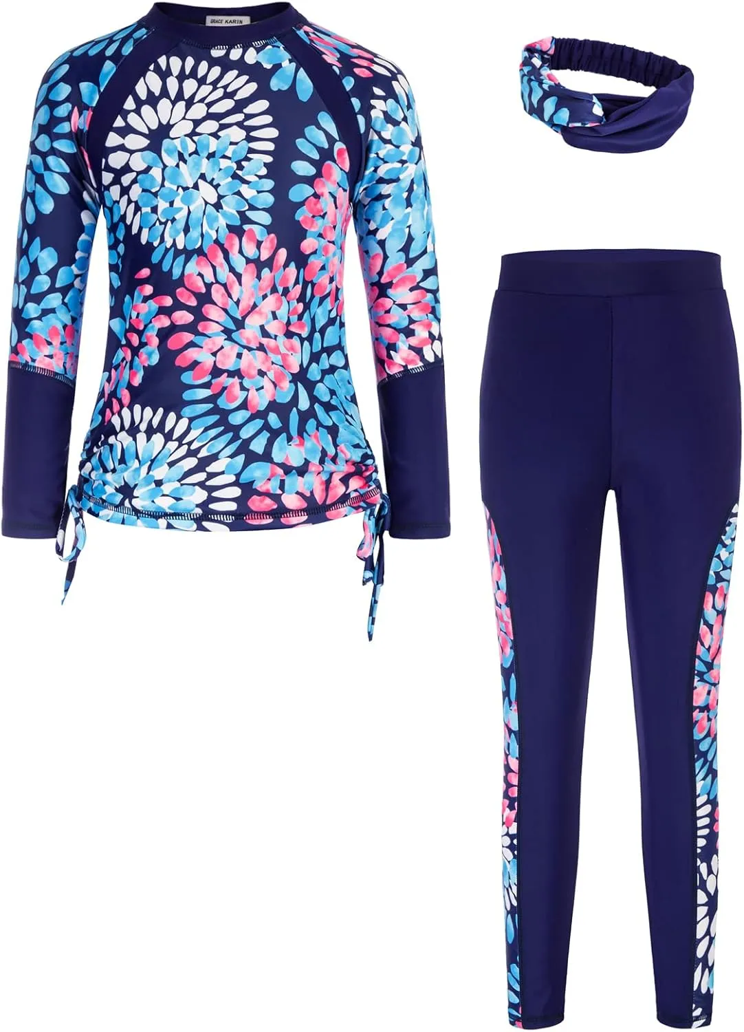 GRACE KARIN Girls Long Sleeve Swimsuit Two Piece Rashguard Floral Swimwear 6-14Y