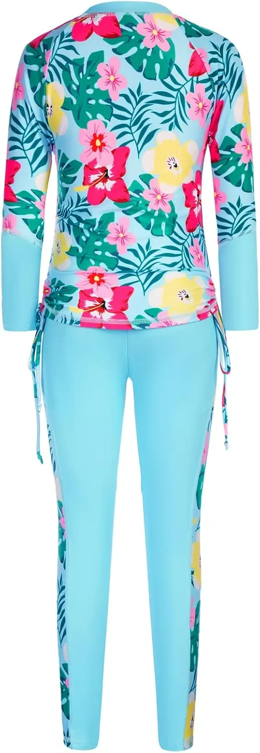 GRACE KARIN Girls Long Sleeve Swimsuit Two Piece Rashguard Floral Swimwear 6-14Y