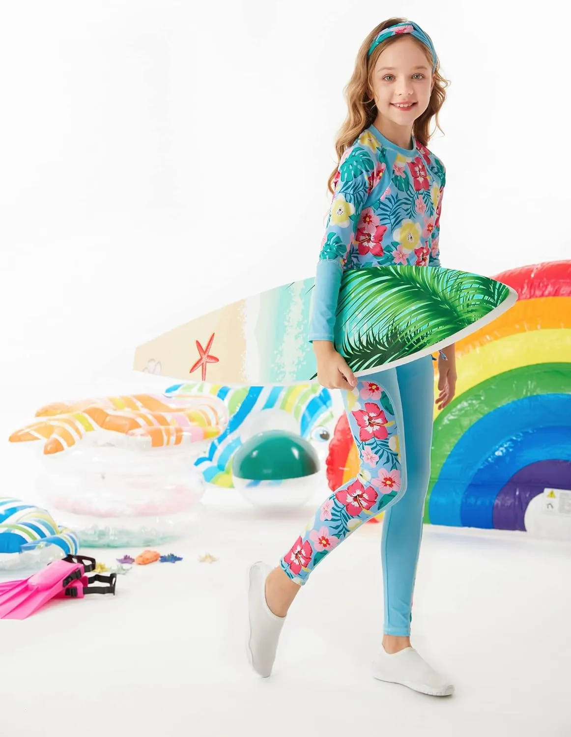 GRACE KARIN Girls Long Sleeve Swimsuit Two Piece Rashguard Floral Swimwear 6-14Y