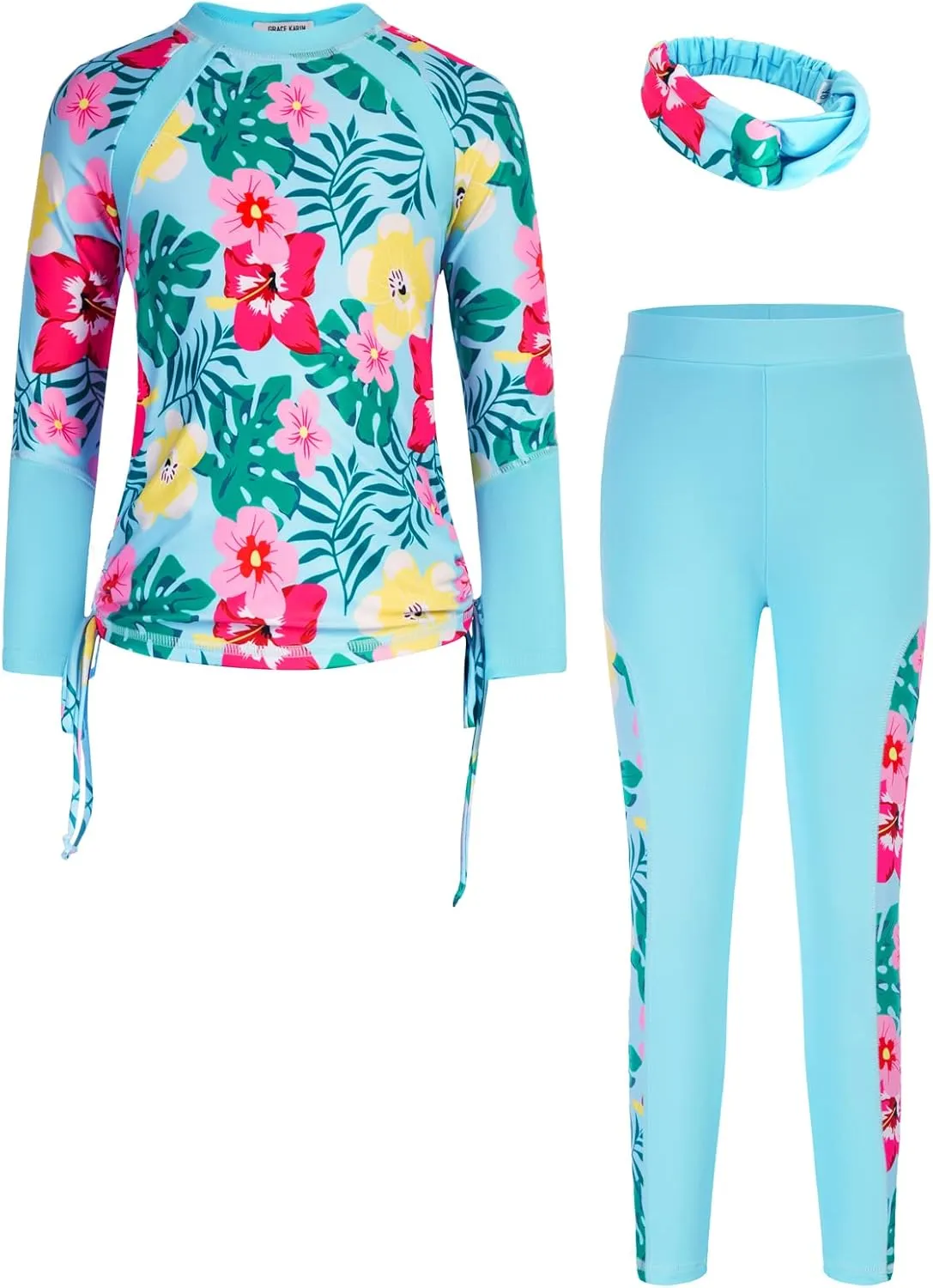 GRACE KARIN Girls Long Sleeve Swimsuit Two Piece Rashguard Floral Swimwear 6-14Y