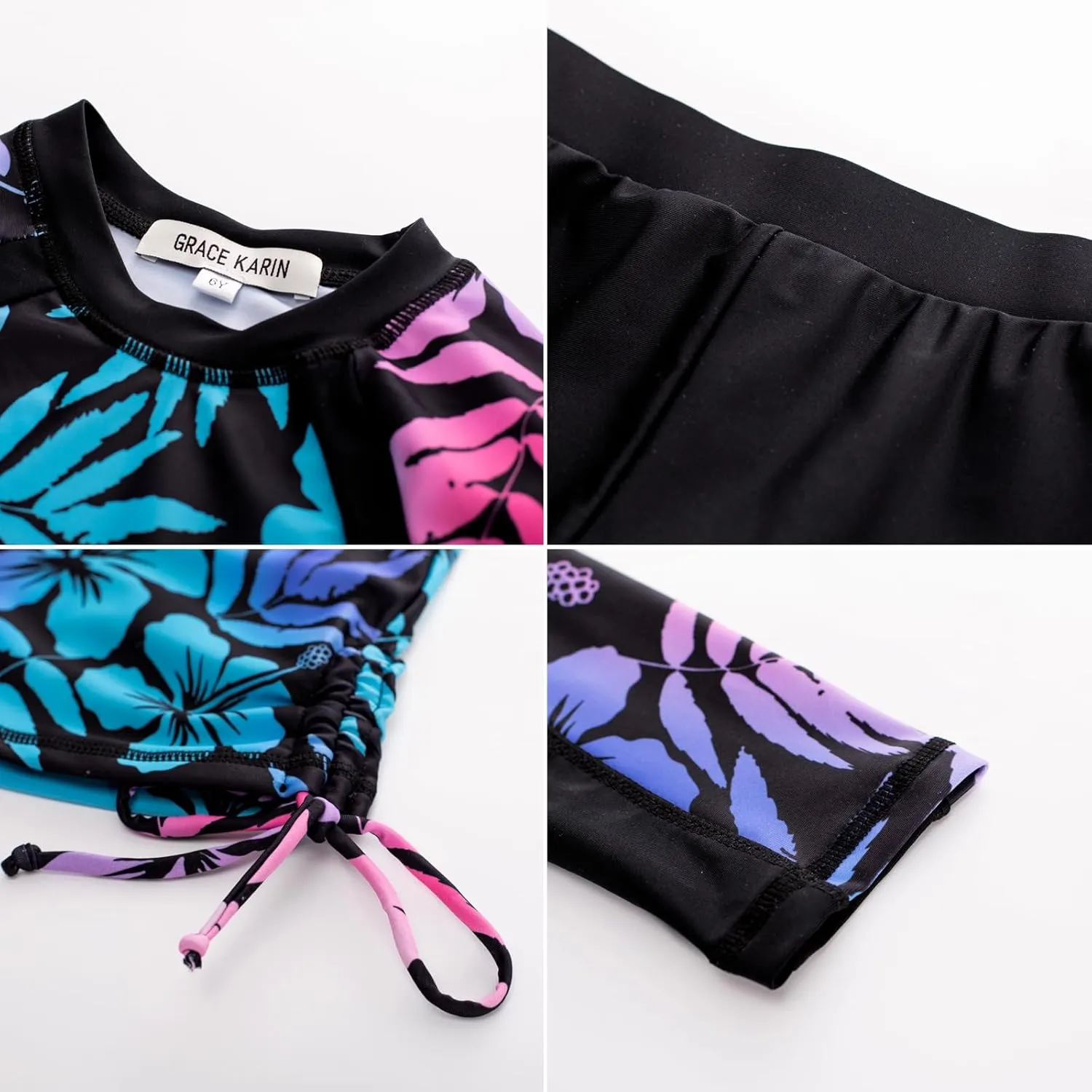 GRACE KARIN Girls Long Sleeve Swimsuit Two Piece Rashguard Floral Swimwear 6-14Y