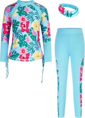 GRACE KARIN Girls Long Sleeve Swimsuit Two Piece Rashguard Floral Swimwear 6-14Y