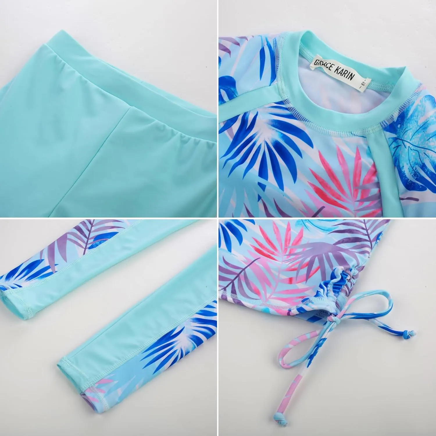 GRACE KARIN Girls Long Sleeve Swimsuit Two Piece Rashguard Floral Swimwear 6-14Y