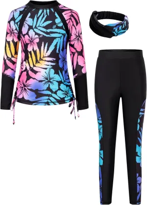 GRACE KARIN Girls Long Sleeve Swimsuit Two Piece Rashguard Floral Swimwear 6-14Y
