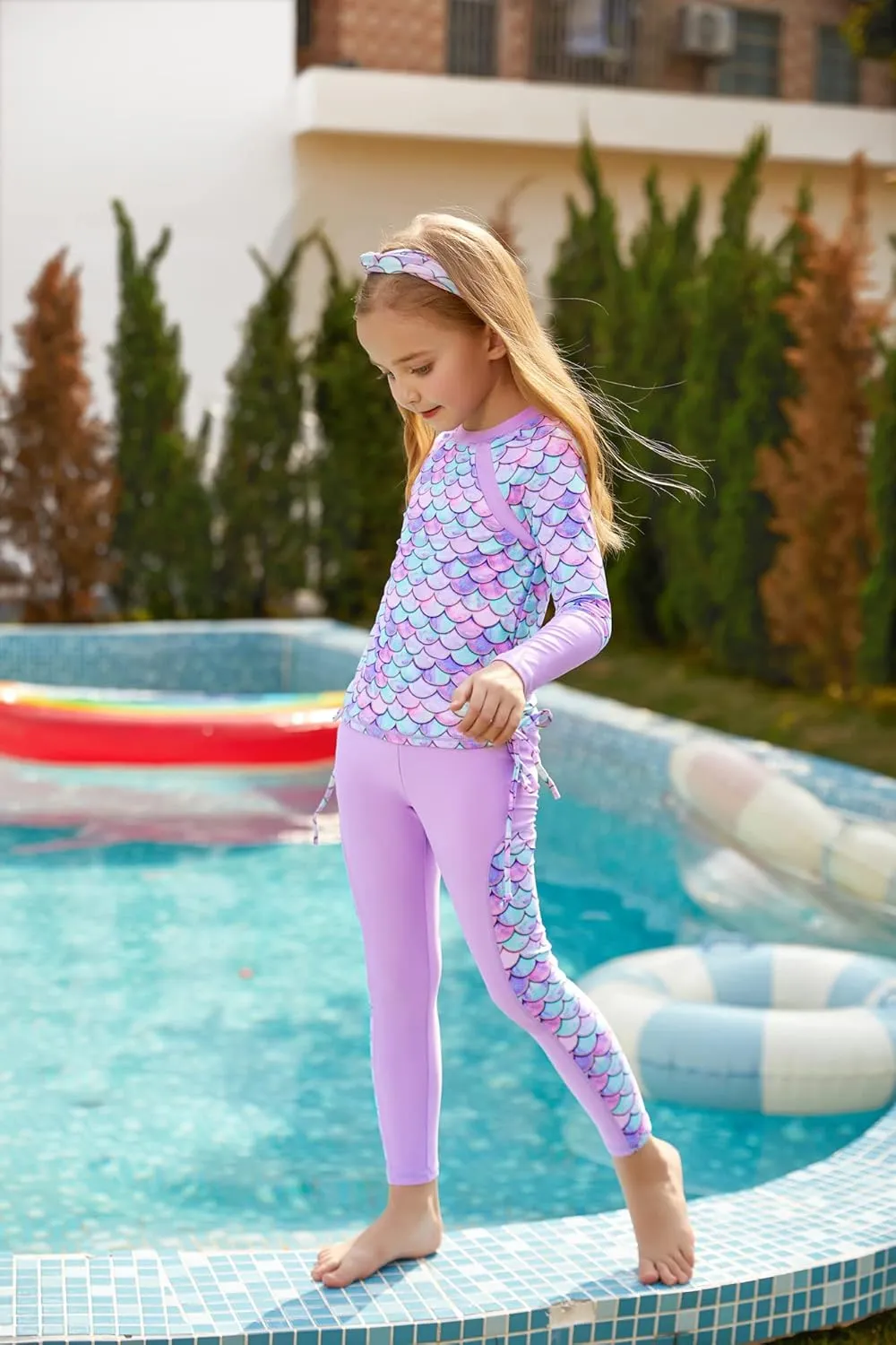 GRACE KARIN Girls Long Sleeve Swimsuit Two Piece Rashguard Floral Swimwear 6-14Y