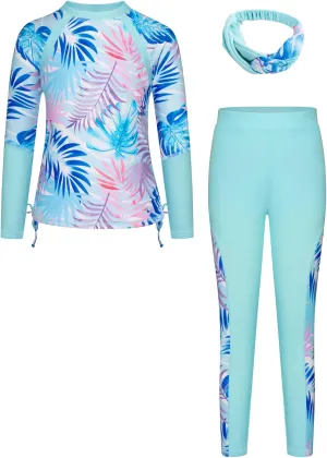 GRACE KARIN Girls Long Sleeve Swimsuit Two Piece Rashguard Floral Swimwear 6-14Y